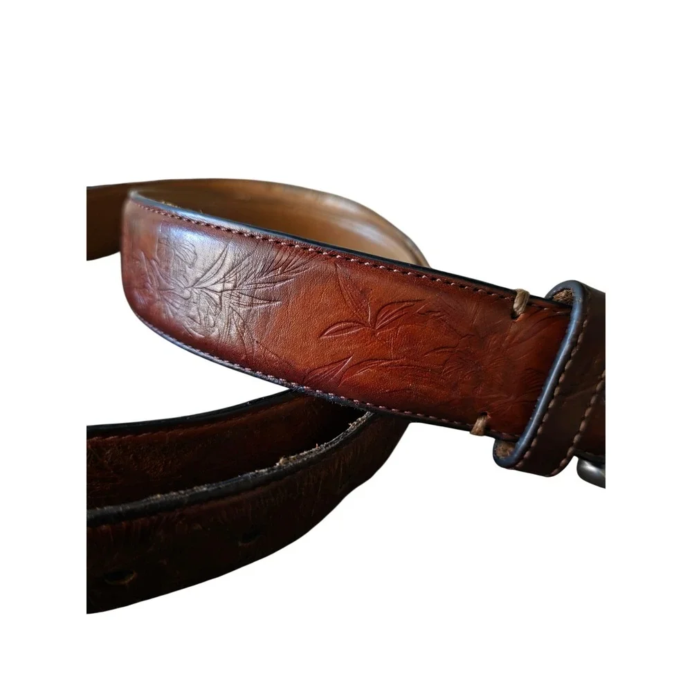 Tommy Bahama Mens Brown Leather Embossed Leaf Belt 90s Y2K Square Buckle 38-40 L